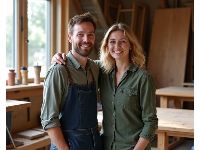 Auksinis Smėlis įkūrėjai šypsosi savo pirminėse dirbtuvėse, apsupti medienos ir baldų eskizų, perteikdami idėjos virsmą realybe.